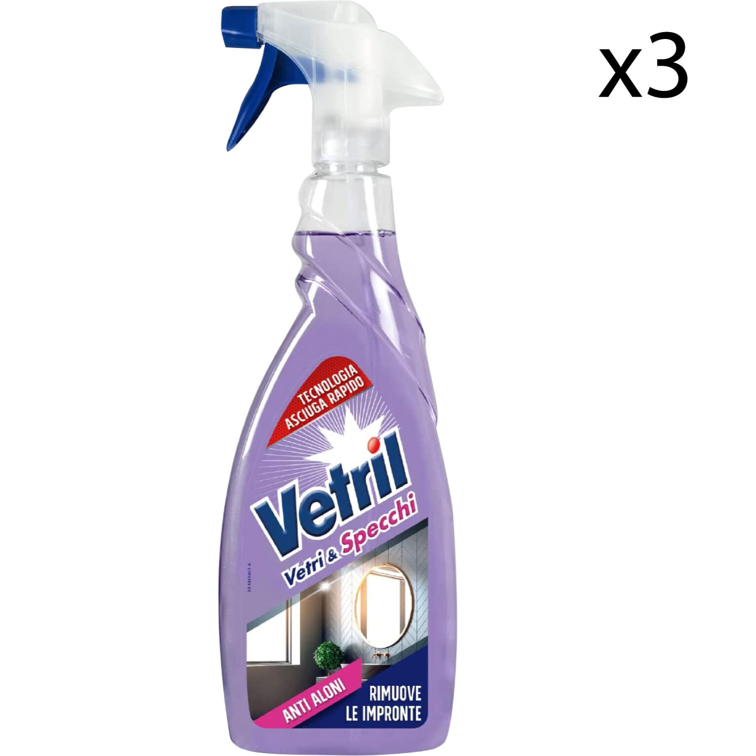 3x Vetril Vetri e Specchi Detergente Spray Anti Aloni e Tecnologia Asciuga Rapido - 3 Flaconi da 650ml