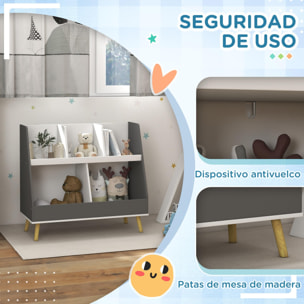 Estantería para Juguetes para Niños Organizador Infantil de 2 Niveles con 5 Compartimentos y Patas de Madera de Pino para Guardería Sala de Juegos 80x34x72,5 cm Gris y Blanco