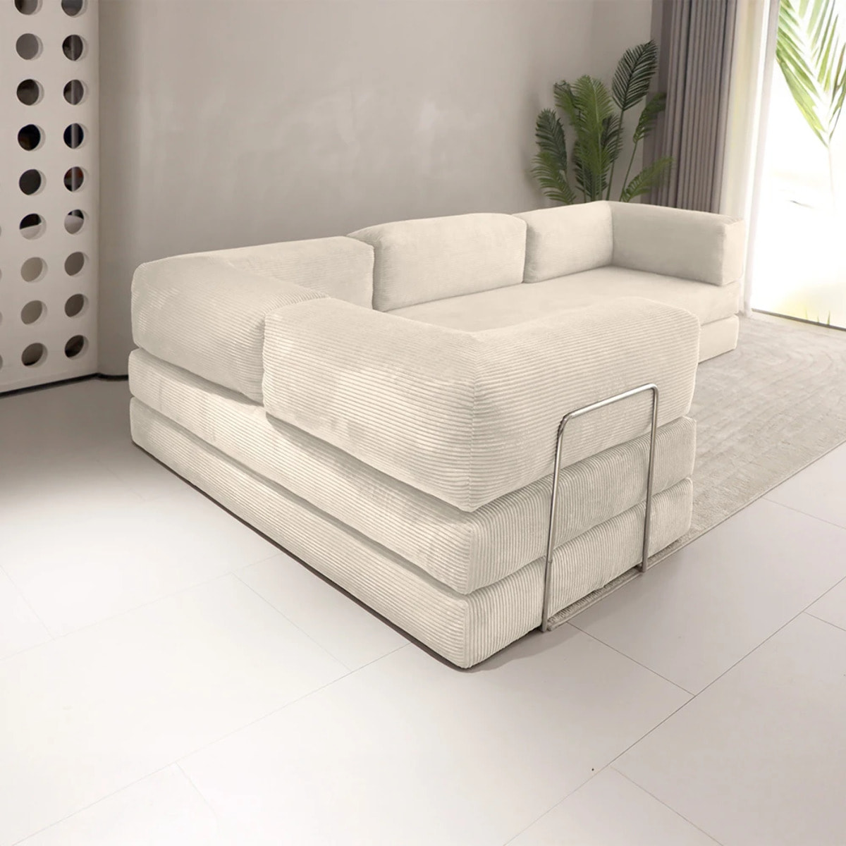 TRENDY - Canapé compressé 5 places angle modulable en velours côtelé crème
