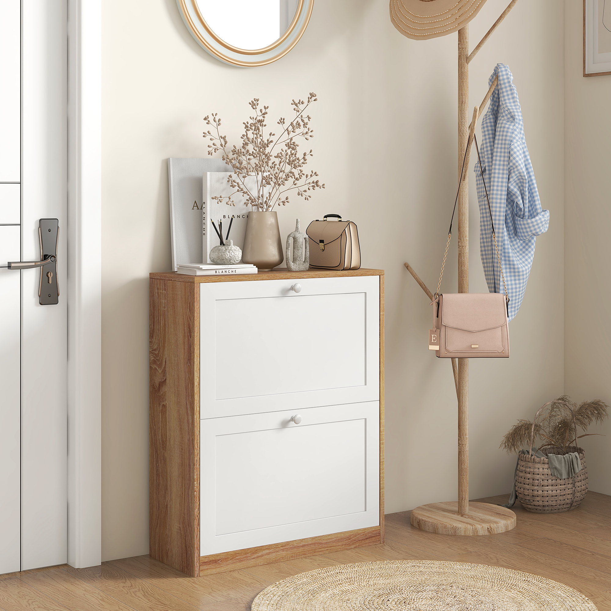 Zapatero Estrecho con 2 Puertas, Zapatero Entrada Recibidor con Estantes Ajustables, para 12 Pares de Zapatos, para Pasillo, Espacios Reducidos, 60x24,5x75,5 cm, Natural y Blanco