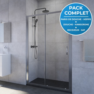 Pack douche : Porte coulissante 120cm + Colonne de douche avec mitigeur thermostatique Hansgrohe + Receveur 120x80cm Noir