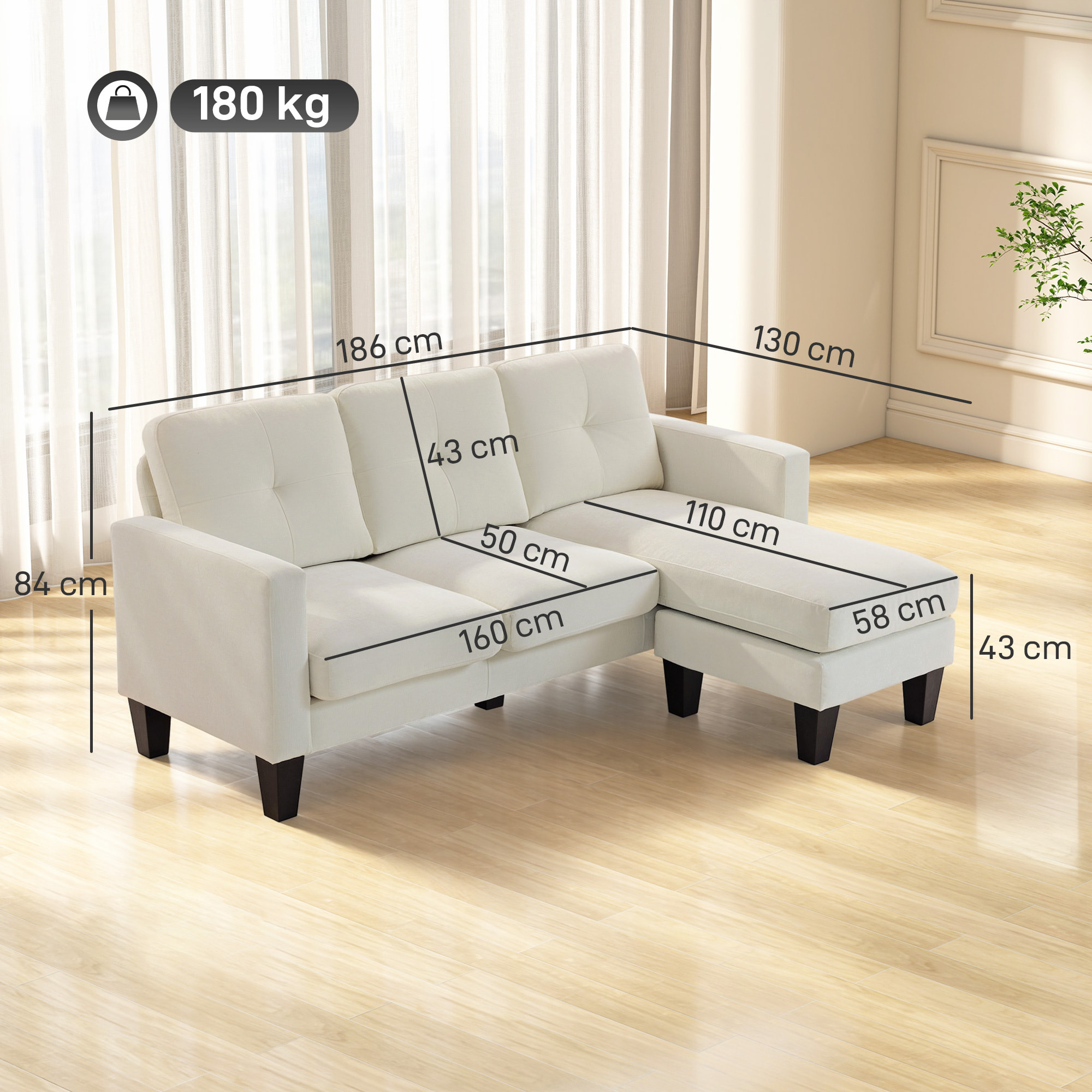 Sofá Chaise Longue Reversible, Sofá de 3 Plazas en Forma de L, Tapizado en Chenilla, Asiento y Respaldo Acolchados, Estructura de Acero, 186x130x84 cm, Blanco Crema