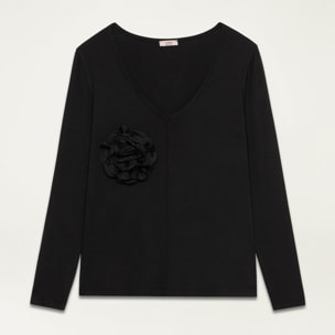 Oltre - T-shirt con spilla a fiore - Nero