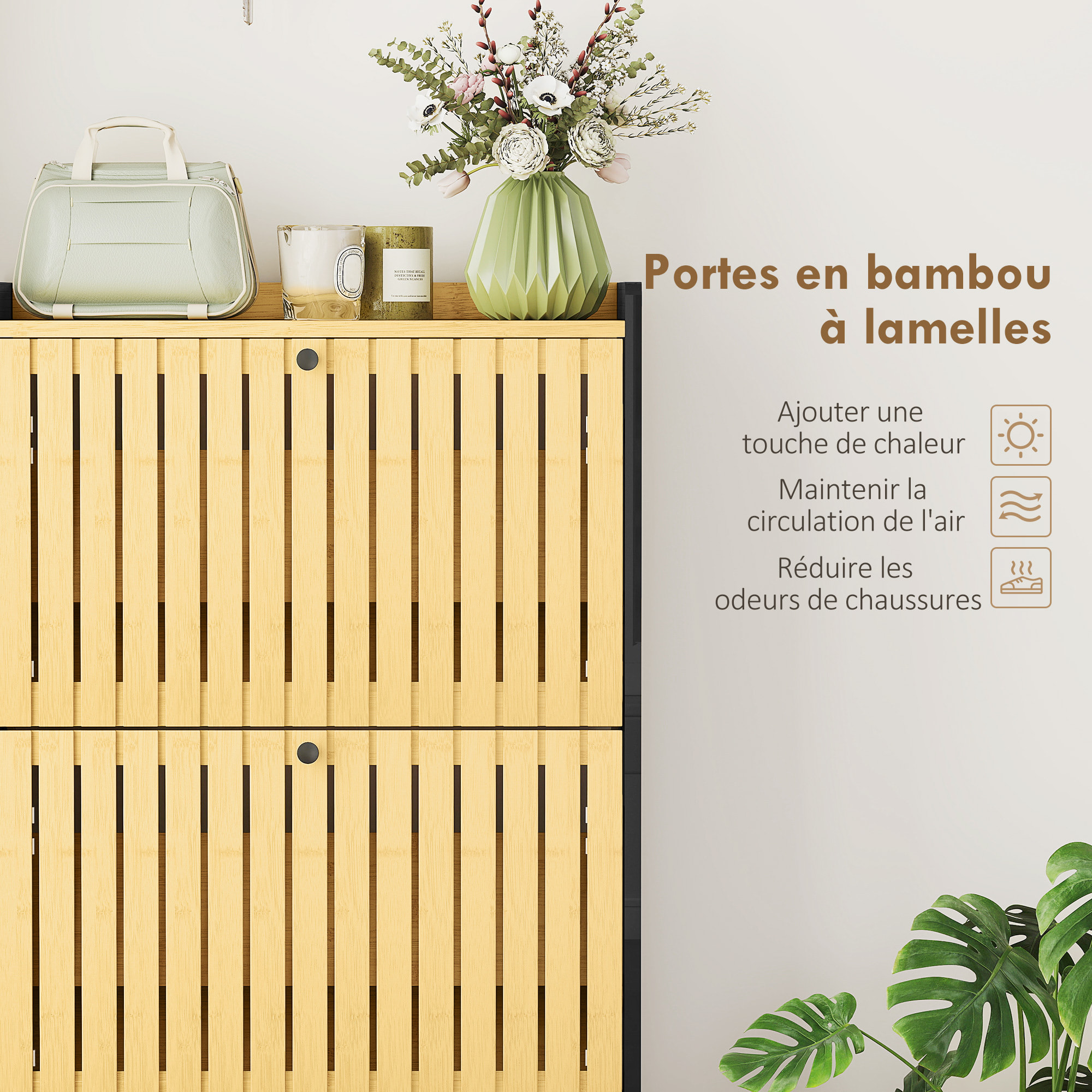 Meuble à chaussures design bambou 3 portes dim. 60x24x118 cm