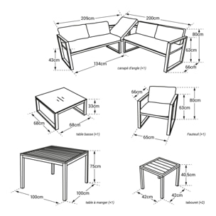 Salon de jardin modulable IBIZA en tissu bleu 7 places - aluminium blanc