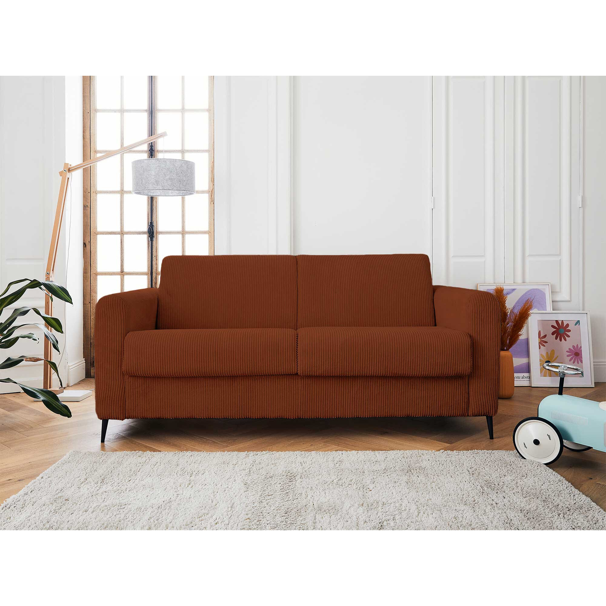 Owen - canapé lit 3 places convertible express couchage quotidien 140 cm matelas 12 cm en velours côtelé - Terracotta