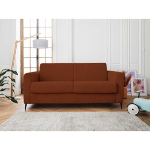 Owen - canapé lit 3 places convertible express couchage quotidien 140 cm matelas 12 cm en velours côtelé - Terracotta