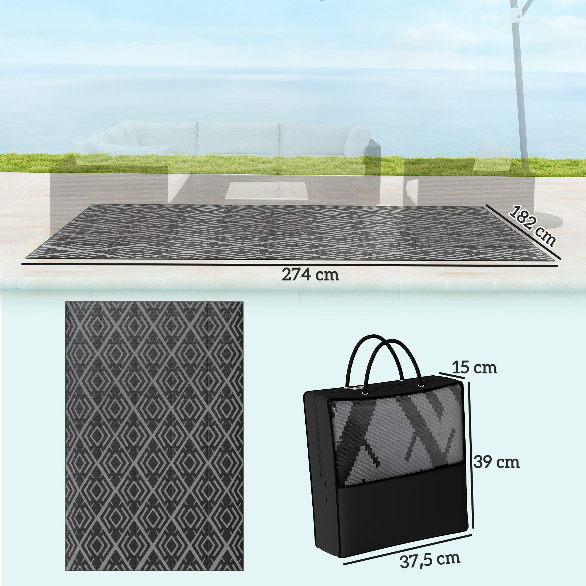 Alfombra de Exterior 182x274 cm Alfombra Reversible con Patrón Geométrico de Rombos Impermeable Bolsa de Transporte para Terraza Balcón Patio Camping Playa Negro