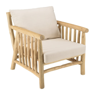 WILL - Fauteuil BORNEO en branches de teck naturel coussins blancs
