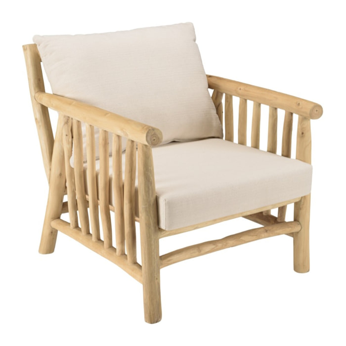 WILL - Fauteuil BORNEO en branches de teck naturel coussins blancs
