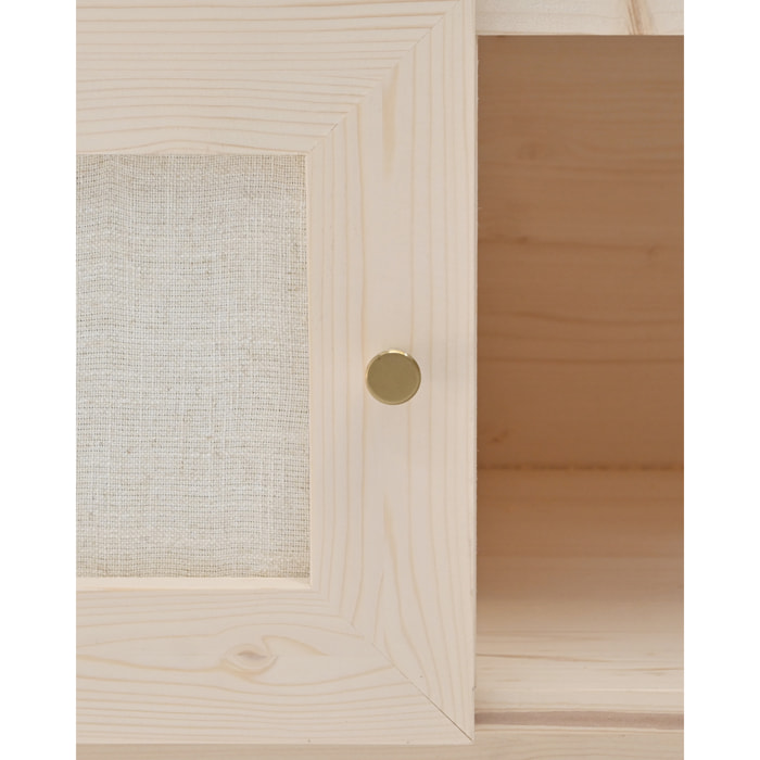Meuble TV en bois massif et toile de lin avec 2 portes ton naturel 150x40cm Hauteur: 40 Longueur: 150 Largeur: 42
