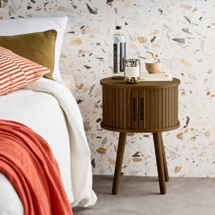 Lot de 2 tables de chevet ovale 2 portes coulissantes poignées creusées. effet bois rainuré. L40 x l34 x H54.8cm