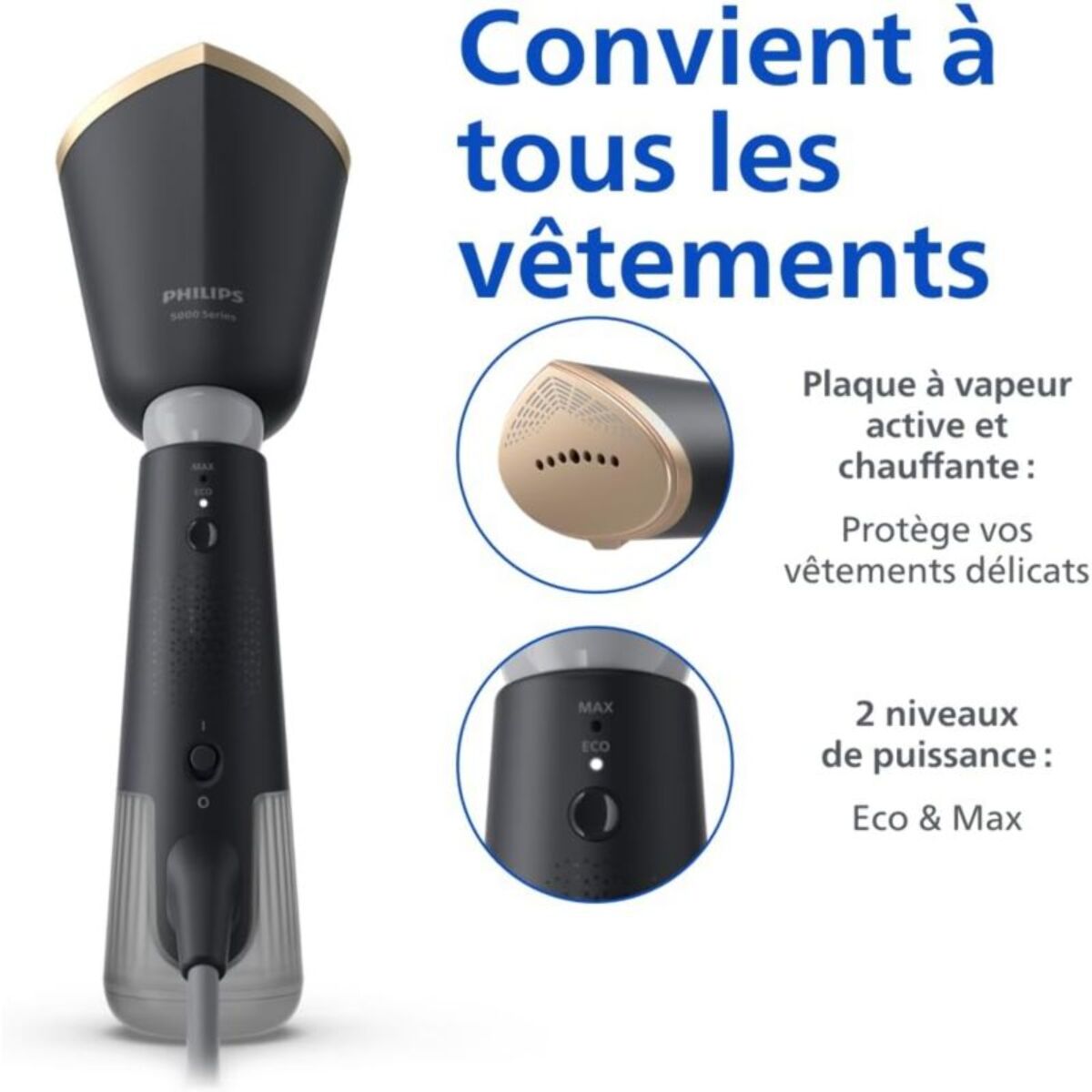 Défroisseur vapeur PHILIPS STH5030/80 Steamer Série 5000 Noir, 35 sec*, 1300W + 2 accessoires
