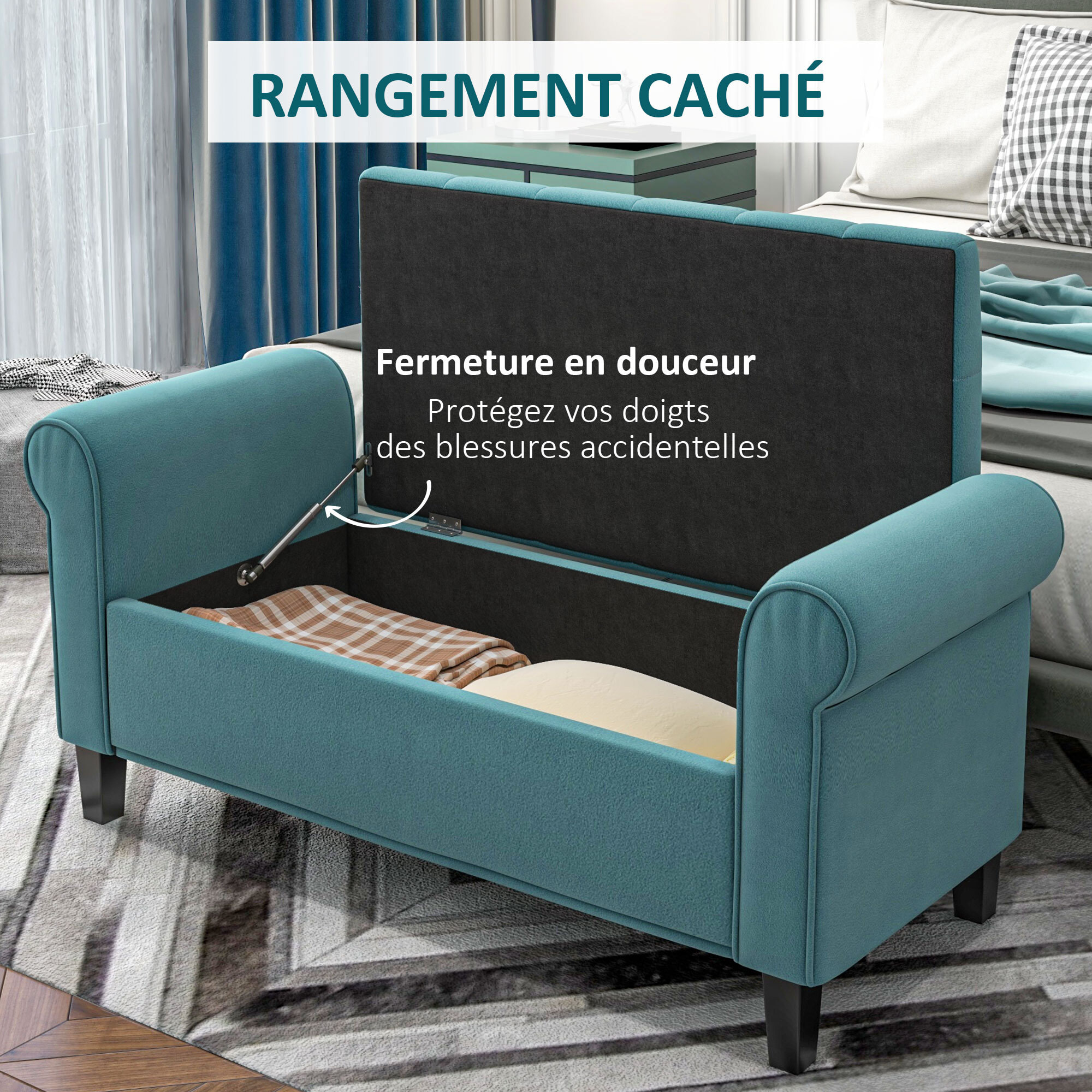 Banc coffre banquette coffre de rangement velours dim. 126 x 48,5 x 57 cm piètement bois hévéa noir turquoise