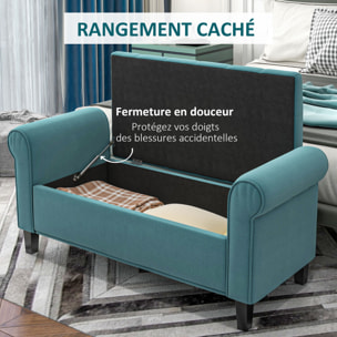 Banc coffre banquette coffre de rangement velours dim. 126 x 48,5 x 57 cm piètement bois hévéa noir turquoise