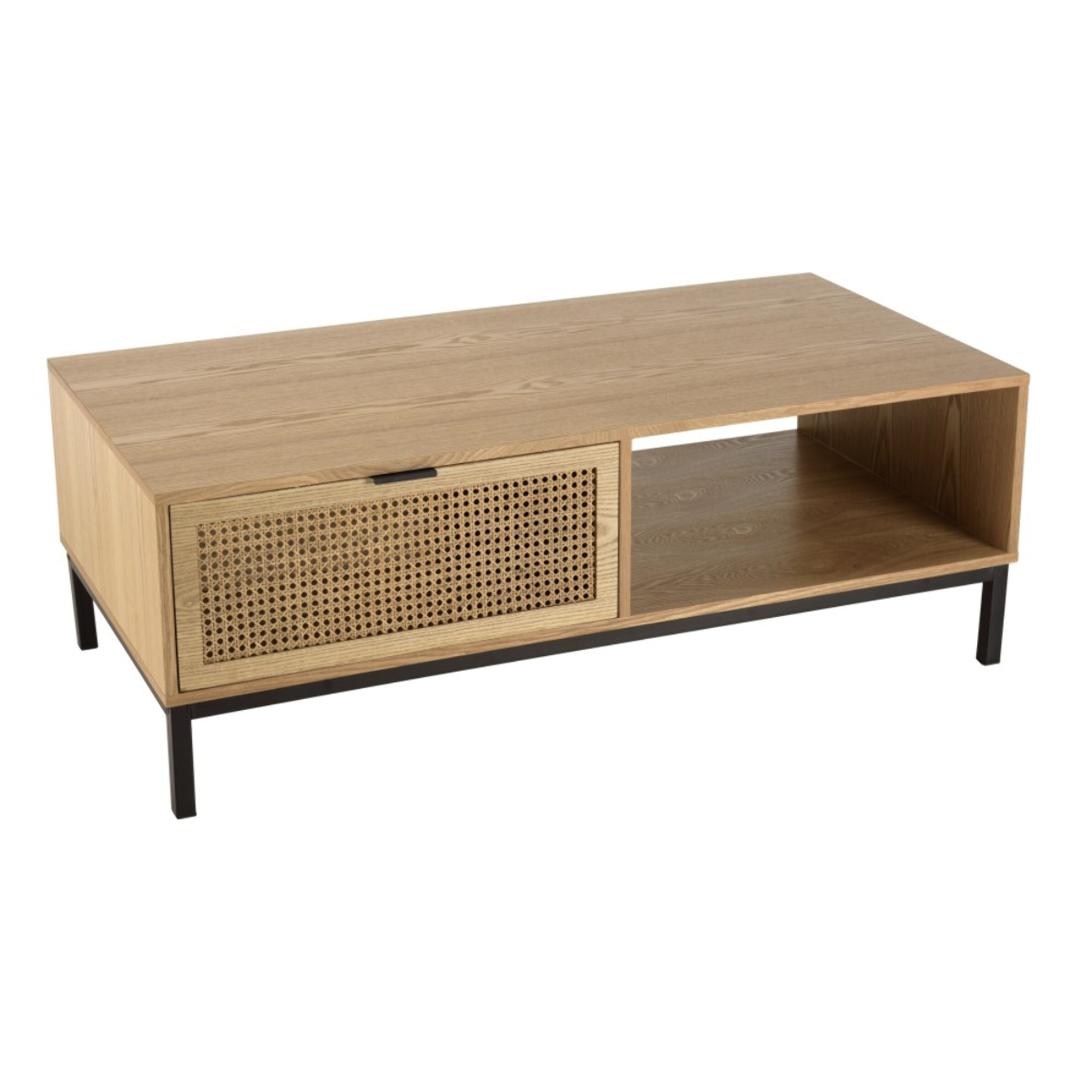MARCEAU - Table basse 1 niche 2 tiroirs cannage naturel pieds métal noir