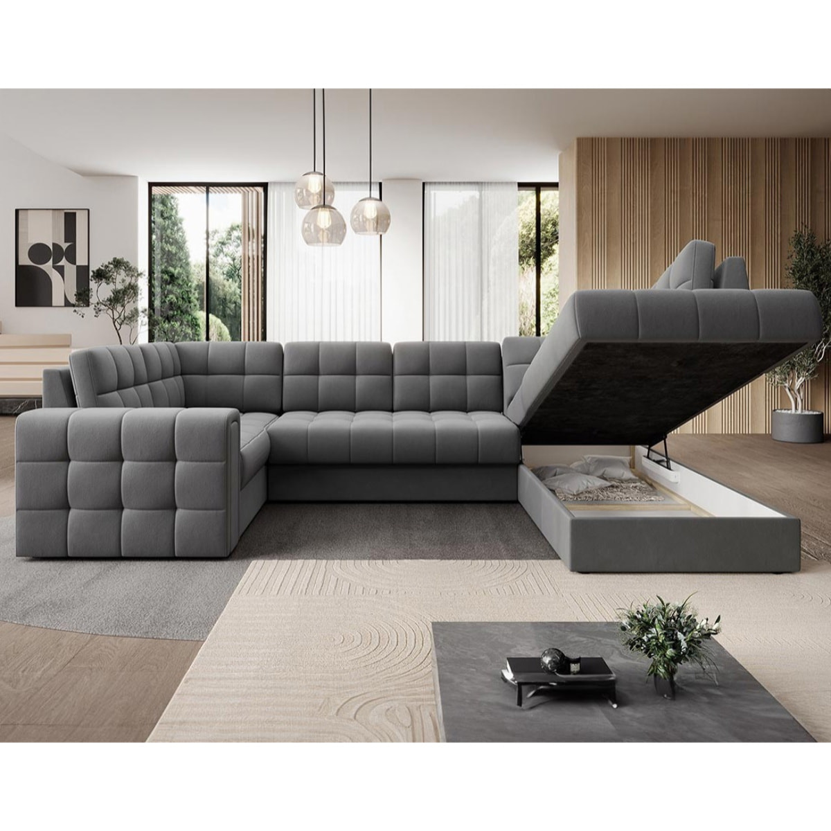 Nappa - Canapé panoramique d'angle gauche 7 places convertible avec coffre en velours - Gris clair