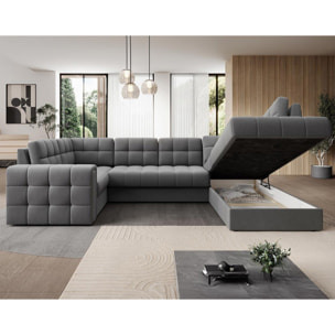 Nappa - Canapé panoramique d'angle gauche 7 places convertible avec coffre en velours - Gris clair