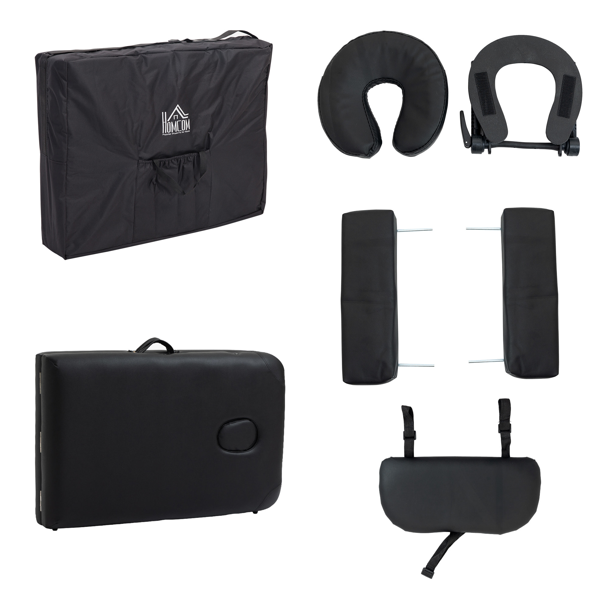 Table de massage pliante lit table de beauté 2 zones portable sac de tranport inclus hauteur réglable dim. 185L x 60l x 61-88H cm bois massif revêtement synthétique noir