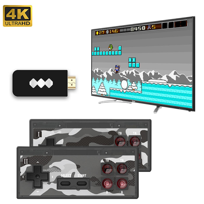 Console per videogiochi Y2HDPLUS collegata allo schermo del televisore. Supporta 4K. Include 1400 giochi.