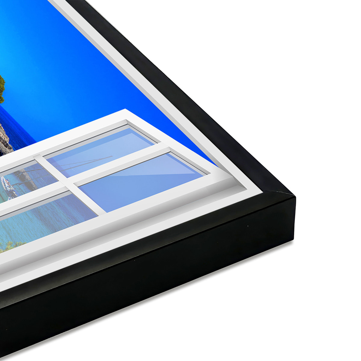 Affiche encadrée fenêtre baie turquoise bateaux Affiche + cadre en métal - Noir