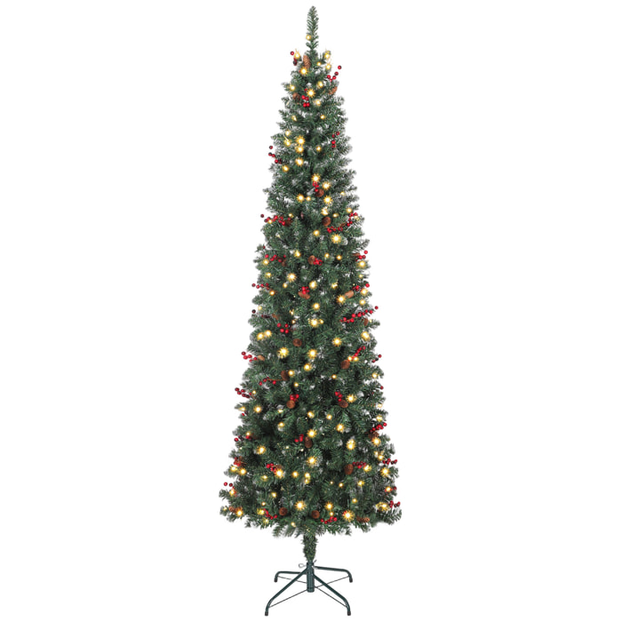 Árbol de Navidad Estrecho 230 cm, Árbol de Navidad Artificial con Luces LED Blanca Cálida, 8 Modos de Iluminación, 761 Ramas con Purpurina Plateada, Piñas, Bayas y Soporte Metálico, Verde