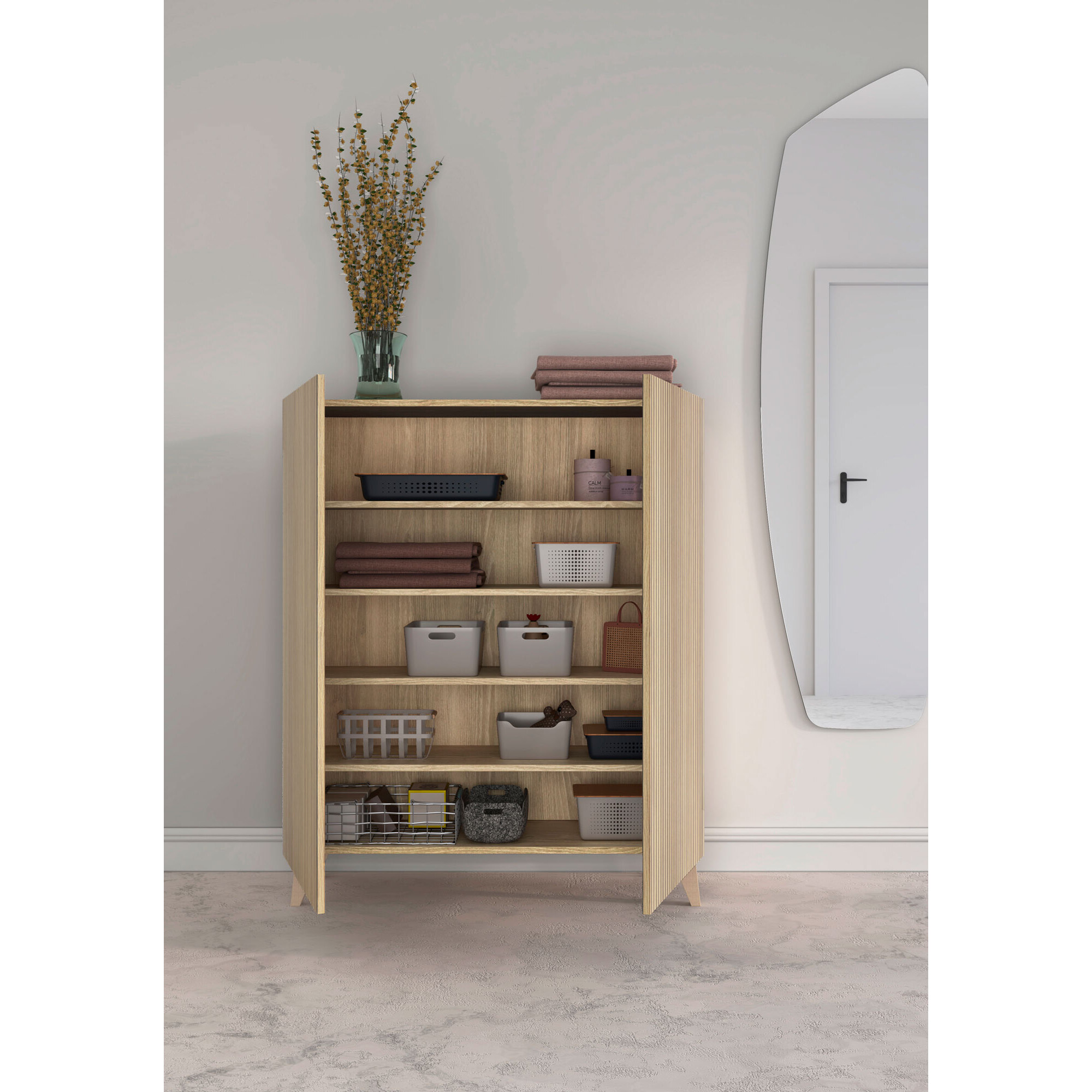 Zapatero Narvik melamina roble dorado puertas impresión vallado 109x90x27 cm