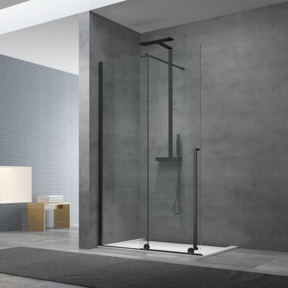 X-MOTION 110x200cm Paroi en verre coulissante Crystal Glass® 8 mm anticalcaire, avec bras et profilés Noir mat (SATBWIXM110C)