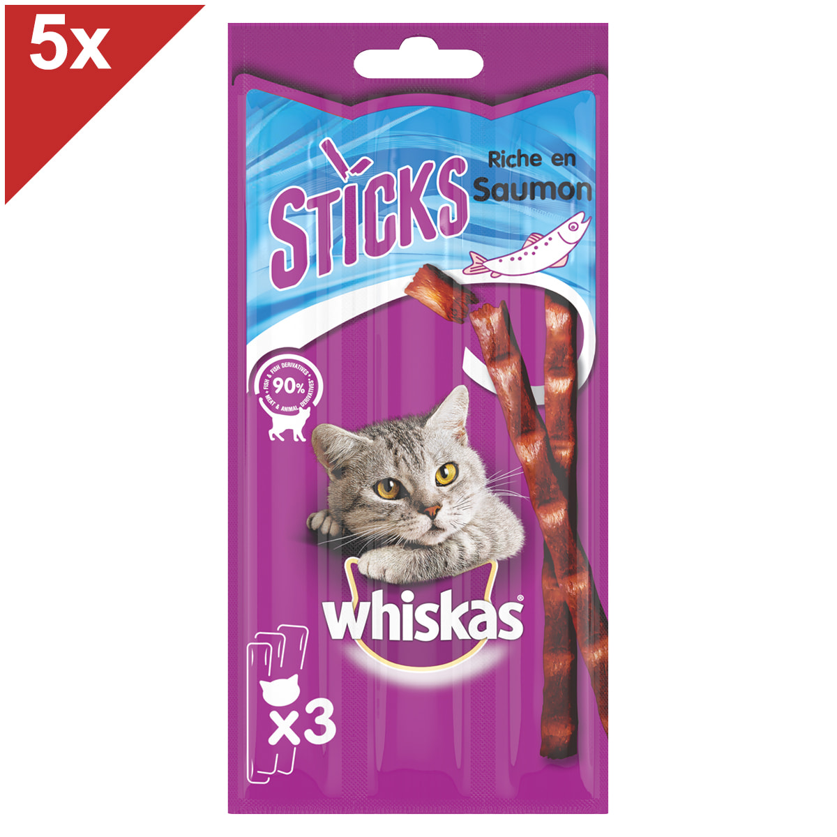 WHISKAS Friandises sticks au saumon pour chat (5x18g)