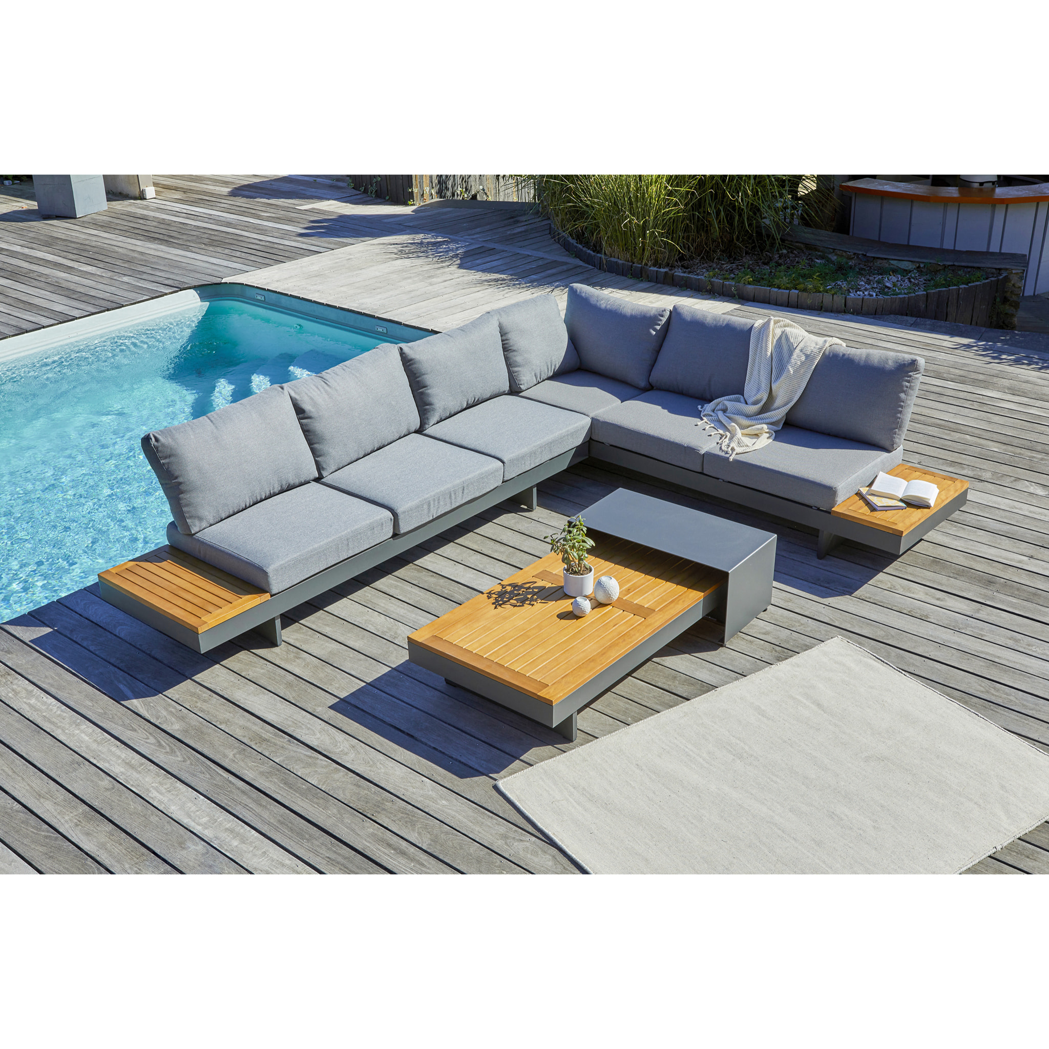 VANUATU - Salon de jardin d'angle 6 places en bois d'acacia et alu