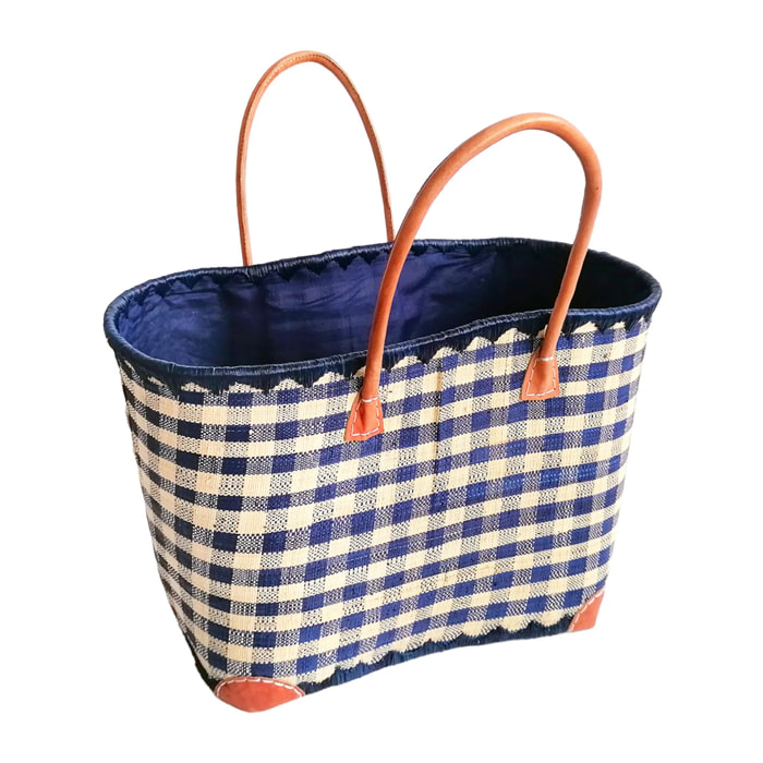 Panier artisanal de Madagascar - Carreaux GM Bleu avec pochon