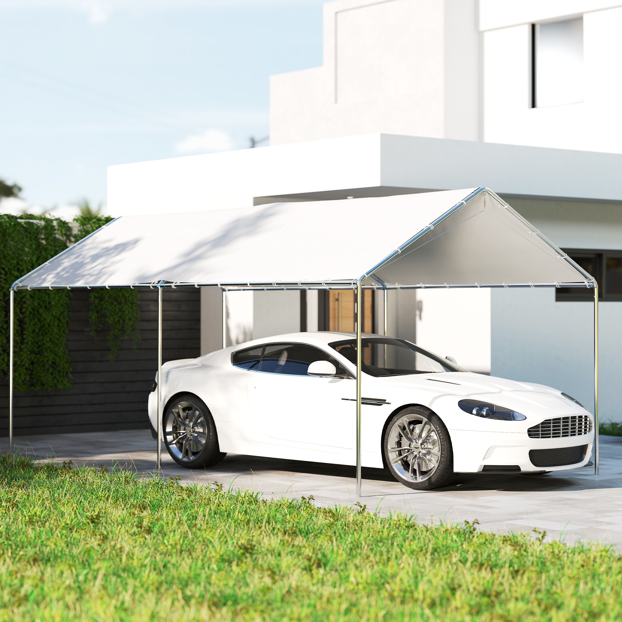 Carpa Garaje para Coche 3x6 m, Cochera Exterior Portátil con Marco de Acero Galvanizado, Impermeable, Anti-UV, Pabellón Gazebo de Jardín con Accesorios, para Eventos, Fiestas, Blanco