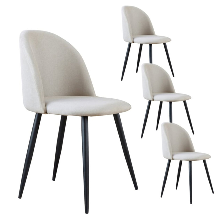 Pack de 4 chaises -tissu et bois. pieds métalliques-couleur beige 48 x 78 x 58 cm