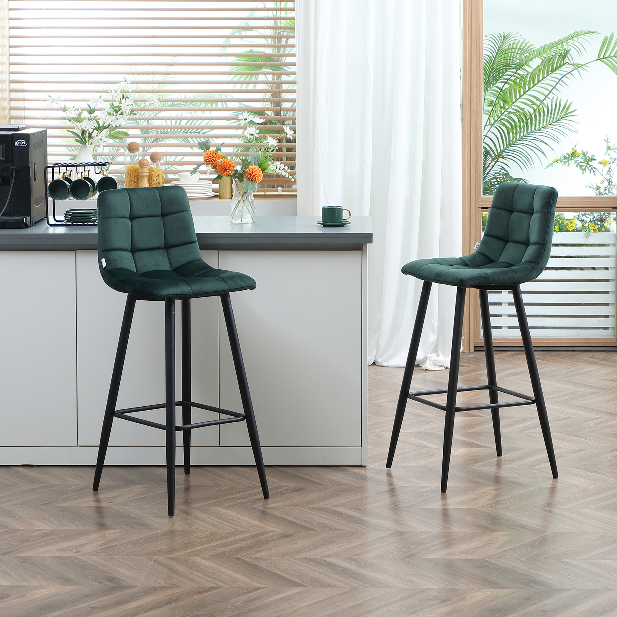 Juego de 2 Taburetes Altos de Cocina, Taburetes de Bar Tapizados en Terciopelo, con Reposapiés y Respaldo, Estructura de Acero, para Comedor, Mostrador, Verde