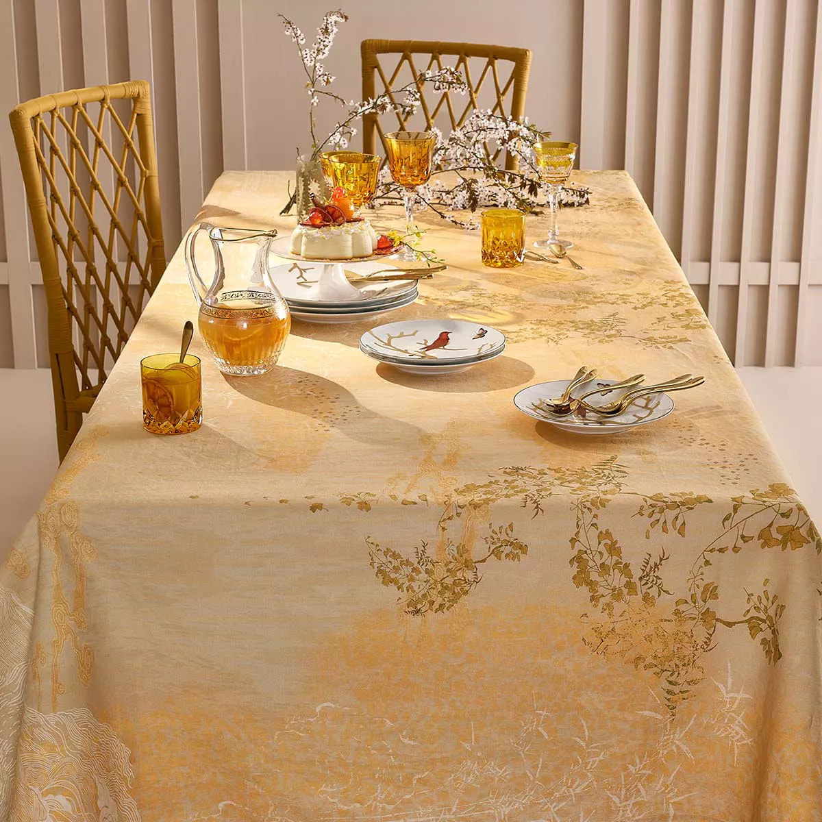 Nappe lin & coton lavé 190 g/m² imprimé jaune Soleil d'or dore