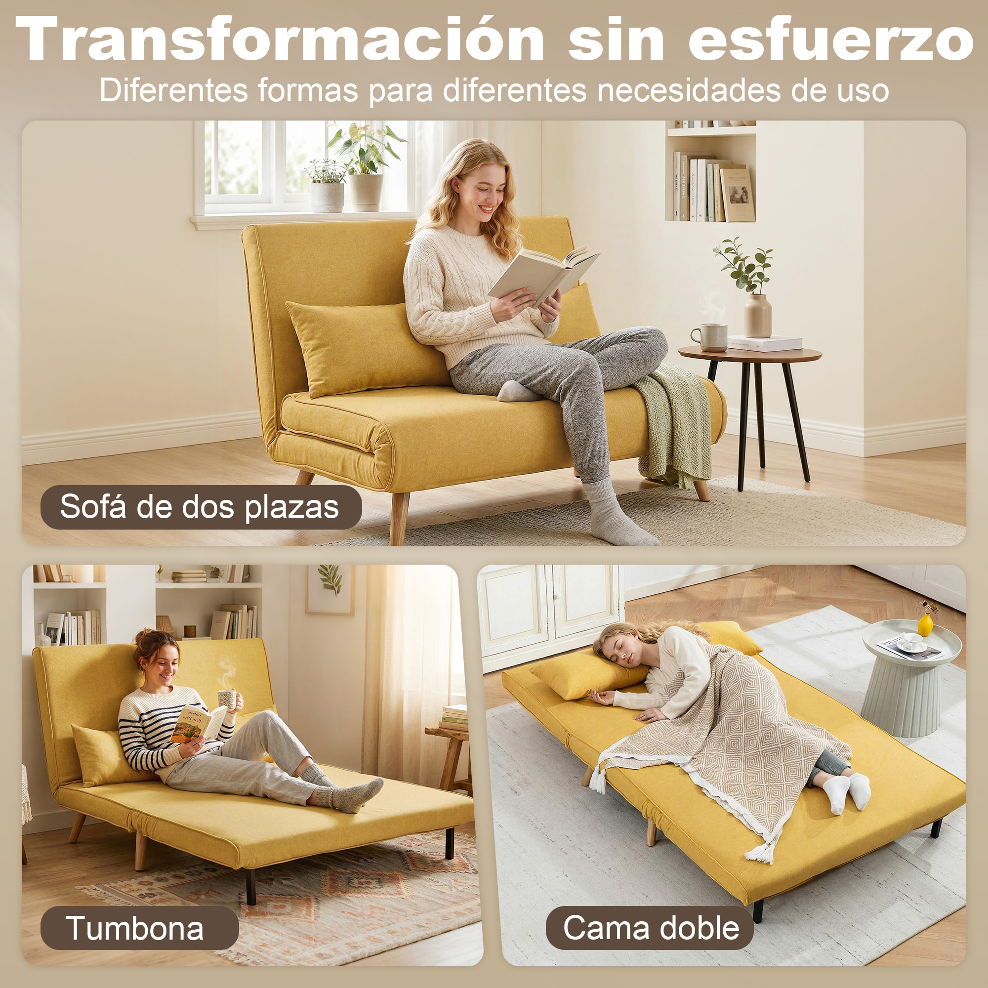 Sofá Cama de 2 Plazas Plegable 3 en 1, Sofá Cama, Tapizado en Lino, con Respaldo Ajustable 5 Posiciones, 2 Almohadas, para Dormitorio, Salón, Amarillo