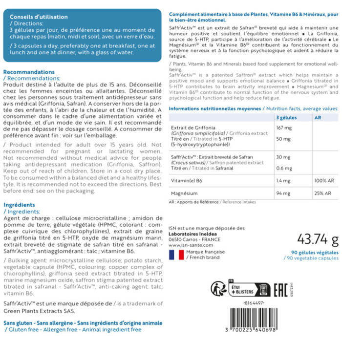 ISN - Euphoryl - Complément alimentaire - Safran et Magnésium Marin - Bon équilibre émotionnel - Vitalité - 90 gélules végétales - Cure 60 jours - Lot de 2