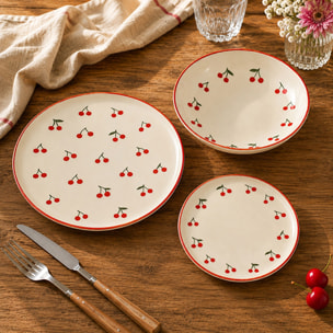 Lot de 6 assiettes plates 26cm en grès rouge et blanc à motif cerise CERISE