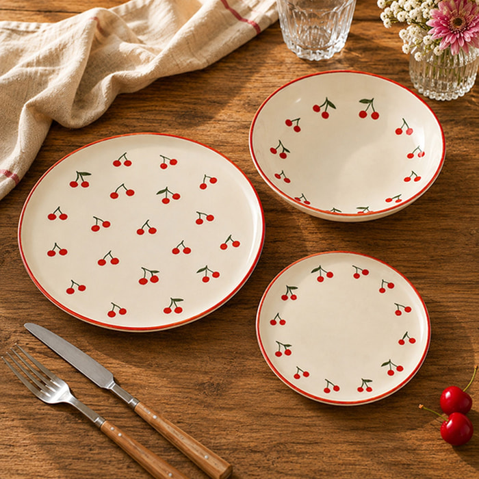 Lot de 6 assiettes plates 26cm en grès rouge et blanc à motif cerise CERISE