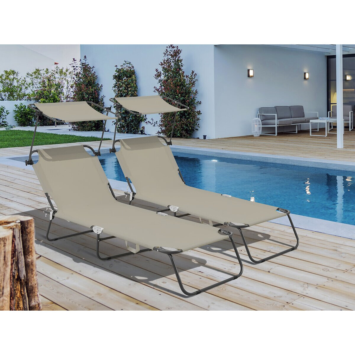 Lot de 2 bains de soleil pliable "Lazy" - Avec pare soleil - Taupe