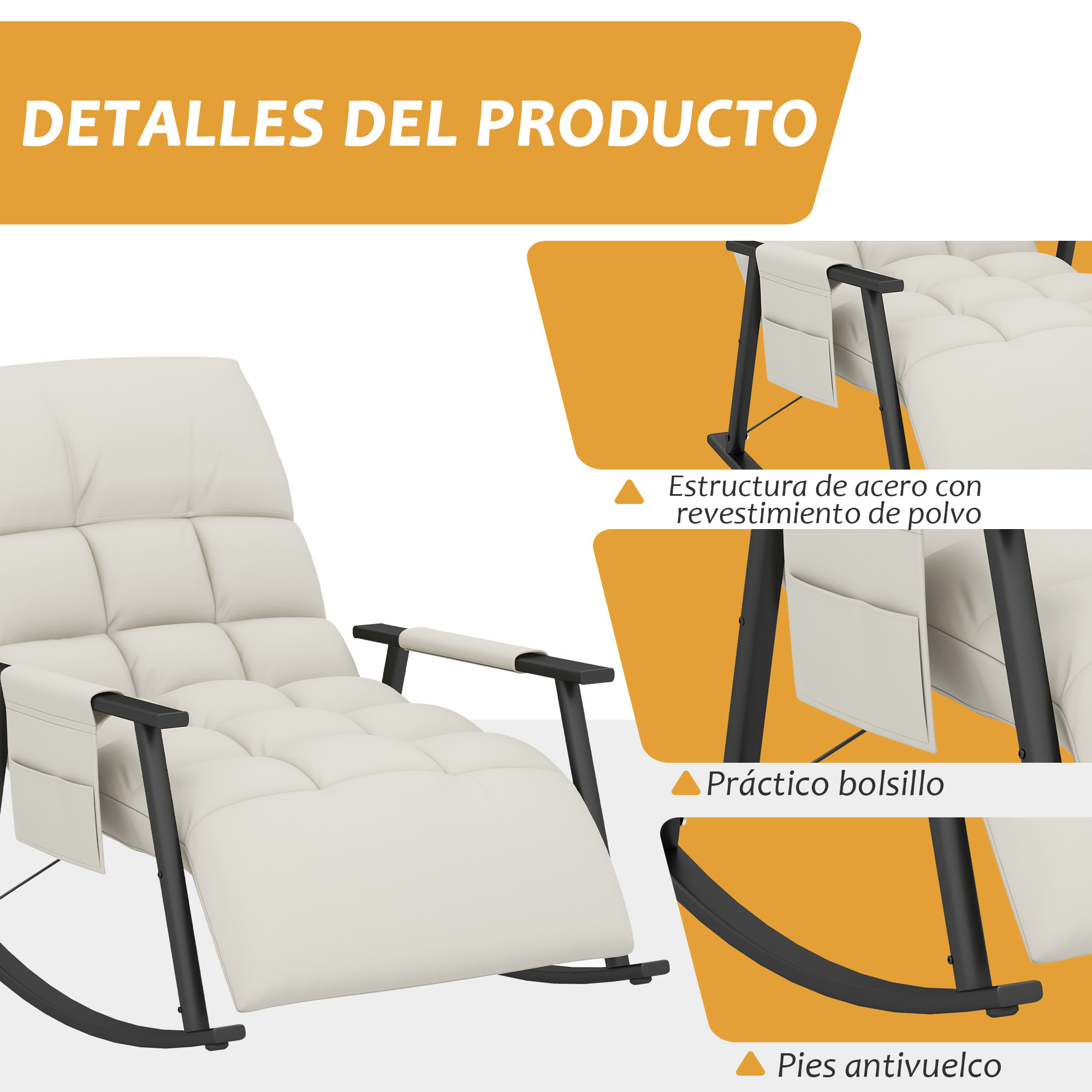 Silla Mecedora con Respaldo y Reposapiés Ajustables Mecedora de Salón Sillón Balancín Tapizado en Microfibra con Bolsillo para Dormitorio 60x134x70 cm Crema