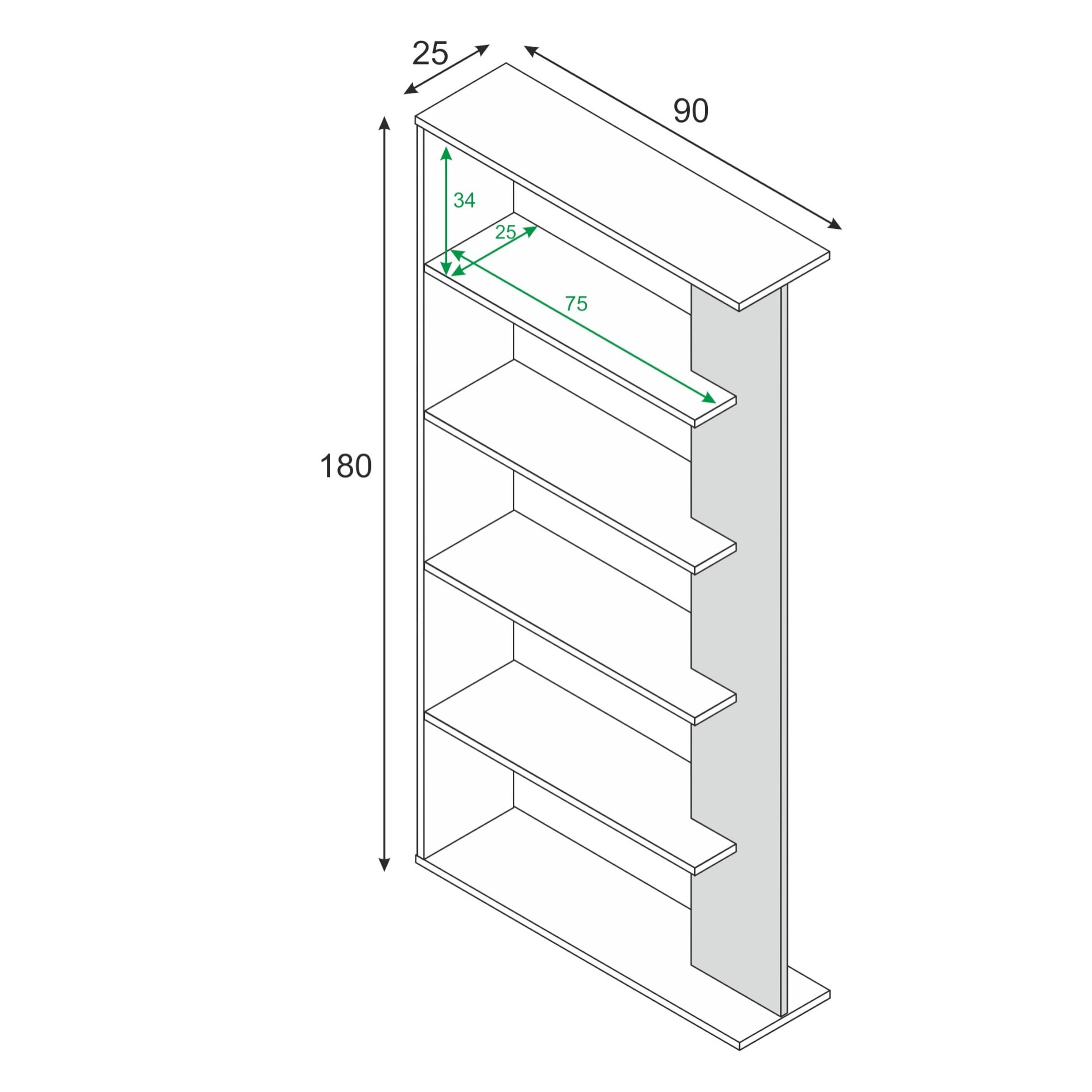 Libreria Columbia, Mobile portalibri bifacciale a 5 ripiani, Scaffale divisorio da ufficio o cameretta, cm 90x25h180, Bianco e Cemento