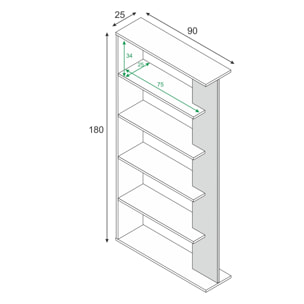 Libreria Columbia, Mobile portalibri bifacciale a 5 ripiani, Scaffale divisorio da ufficio o cameretta, cm 90x25h180, Bianco e Cemento