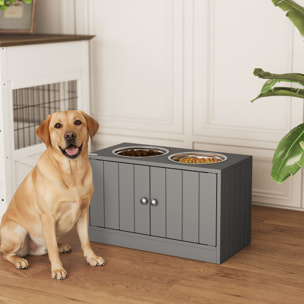 Gamelle double chien chat - porte-gamelles surélevé armoire 2 en 1 - 2 portes, 2 gamelles - acier inox. MDF gris