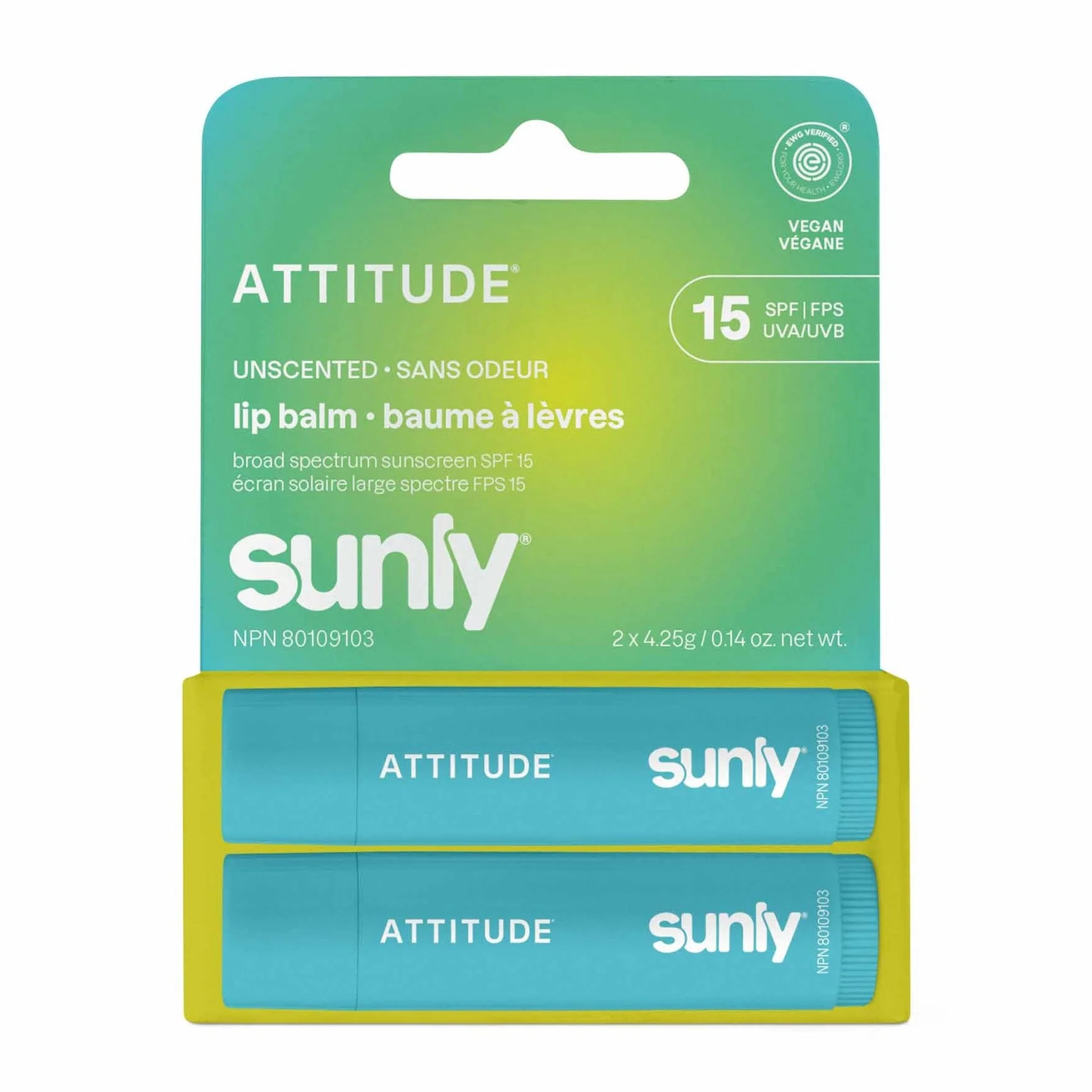 Lipbalm SPF 15 unscented duo pack Attitude Sunly (2x 4,25 g)