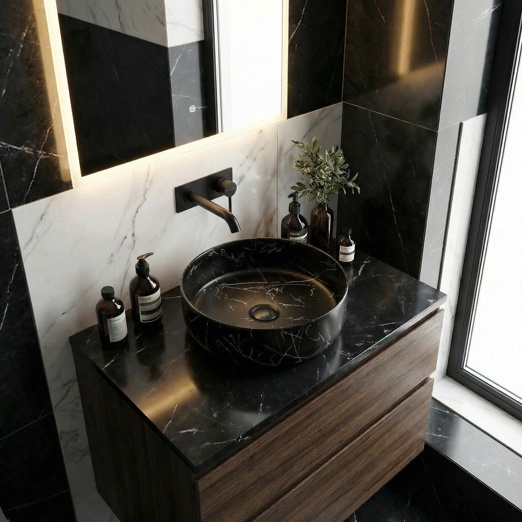 Vasque à poser ronde diamètre 39 cm - effet marbre noir mat - sans trop-plein - SAT Infinitio