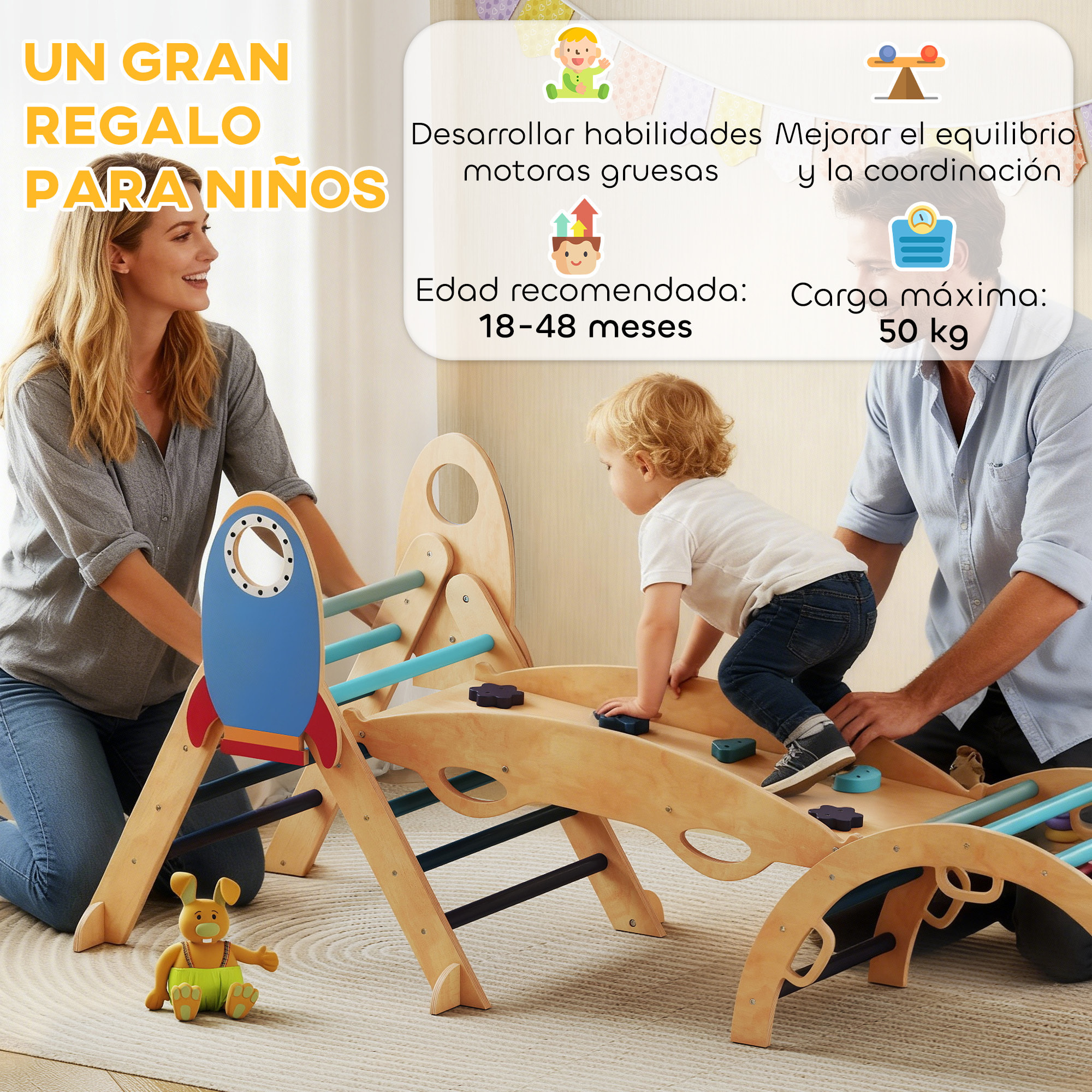 8 en 1 Triángulo de Escalada Montessori, Estructura de Escalada de Madera, Tema de Cohetes, con Arco y Rampa para Deslizarse o Escalar, para Niños de 18-48 Meses, Interiores, Azul