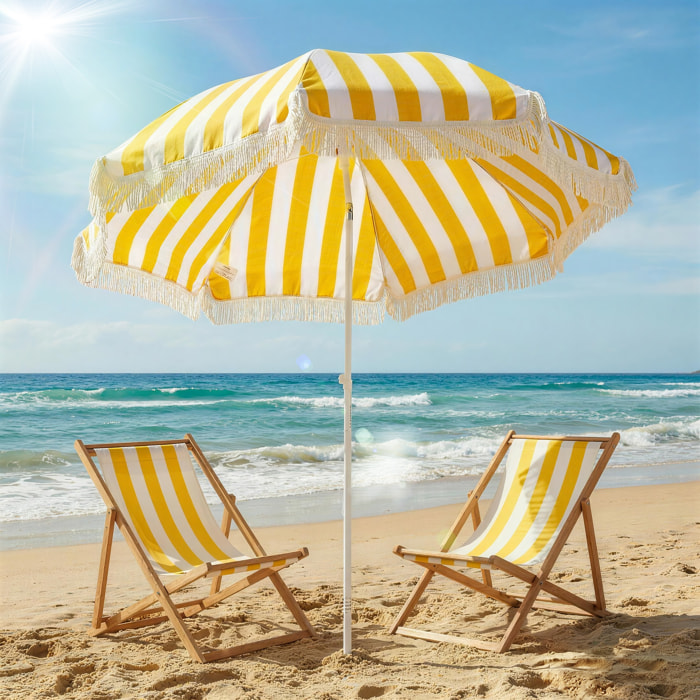 Sombrilla de Playa con Flecos Ø180 cm, Sombrilla de Terraza Exterior con Altura Ajustable, Inclinación 30°, Anclaje Arena y Bolsa de Transporte, Amarillo y Blanco
