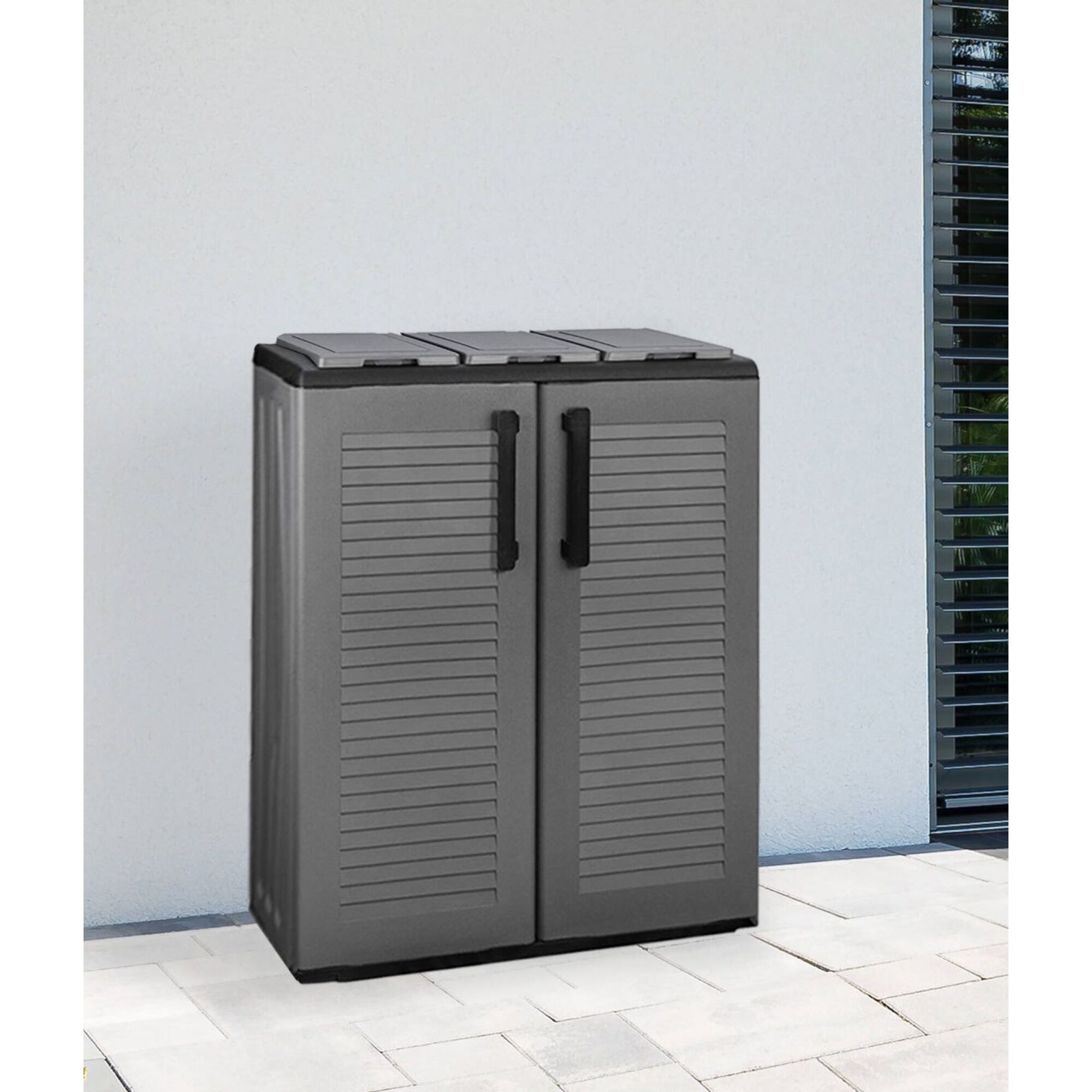 Armadio portarifiuti da esterno o interno, Mobile porta 3 sacchi a 2 ante per raccolta differenziata, 100% Made in Italy, cm 68x37h84, colore Grigio