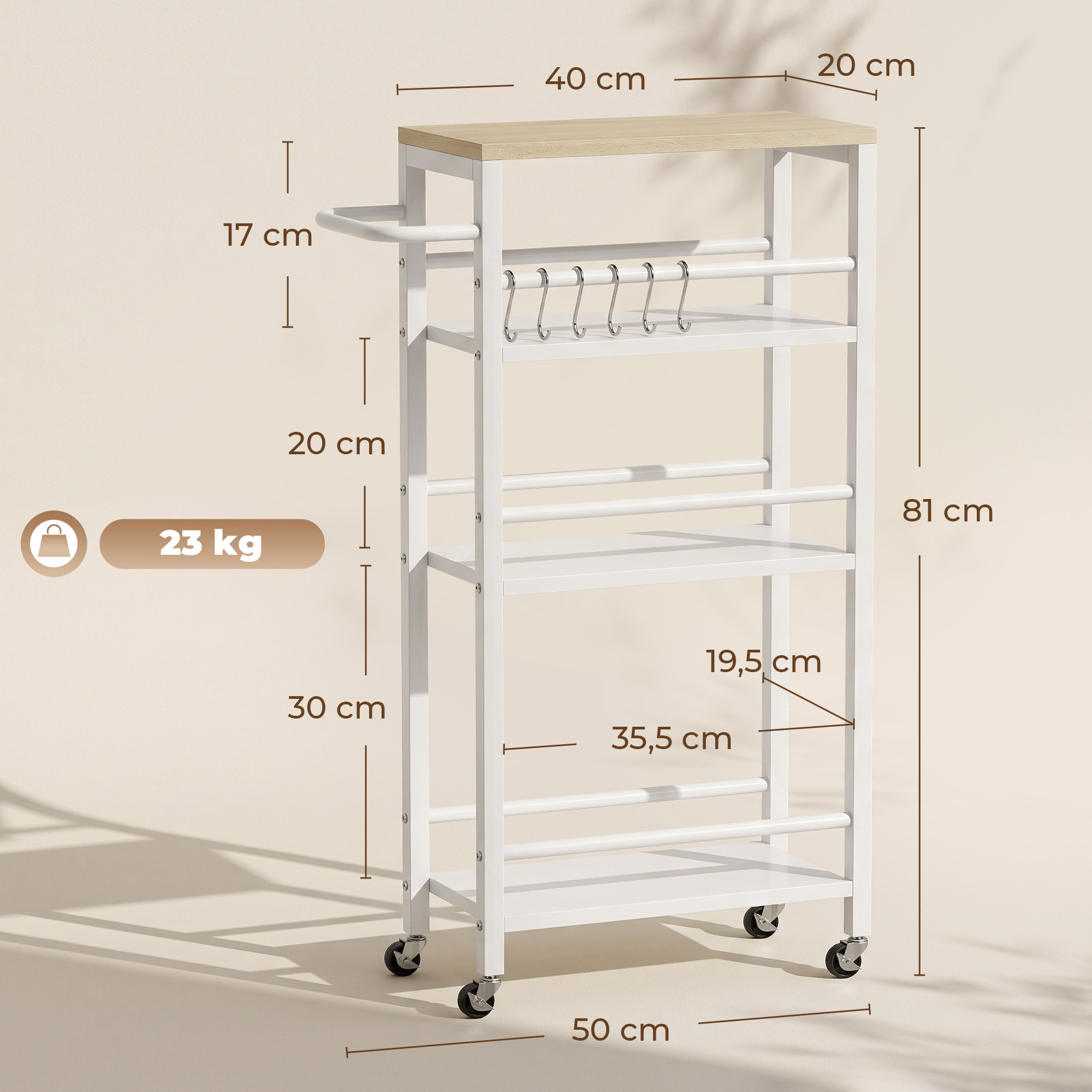 Carrito Auxiliar con Ruedas de 4 Niveles, Carrito de Cocina con Toallero y 6 Ganchos, Estrecho para Espacios Pequeños, Verduras, Frutas, para Comedor, 50x20x81 cm, Roble